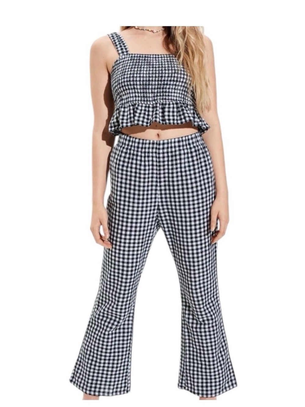 American Eagle Linen Blend Boho Gingham Lounge Beach Resort Vacation Set